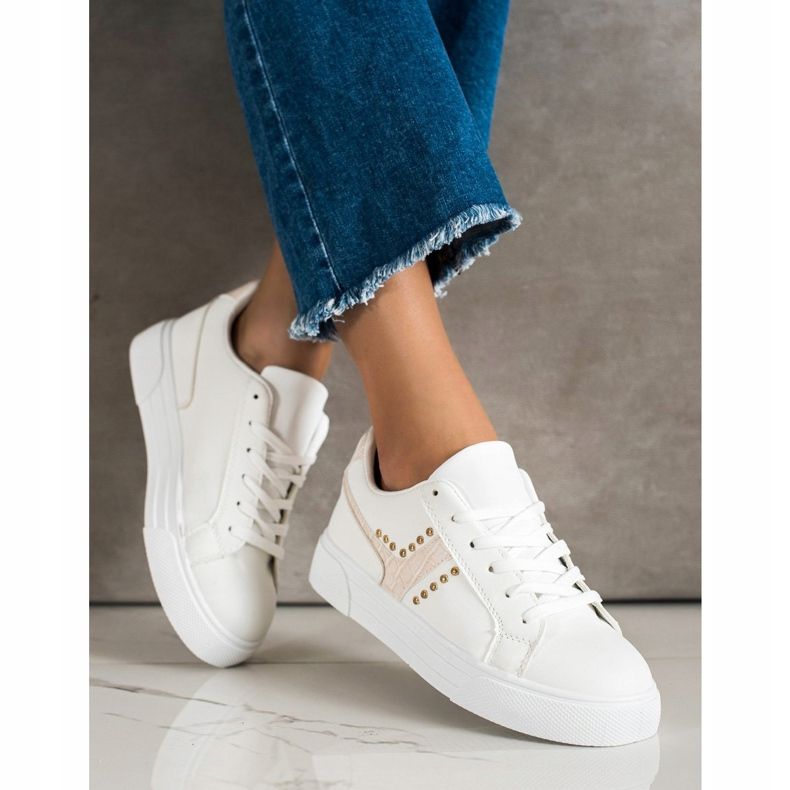 SHELOVET Sapatos amarrados com encaixe bege branco 2