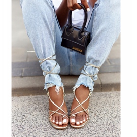 PS1 Sandálias amarradas em salto alto com passarela dourada de dedo quadrado dourado 3