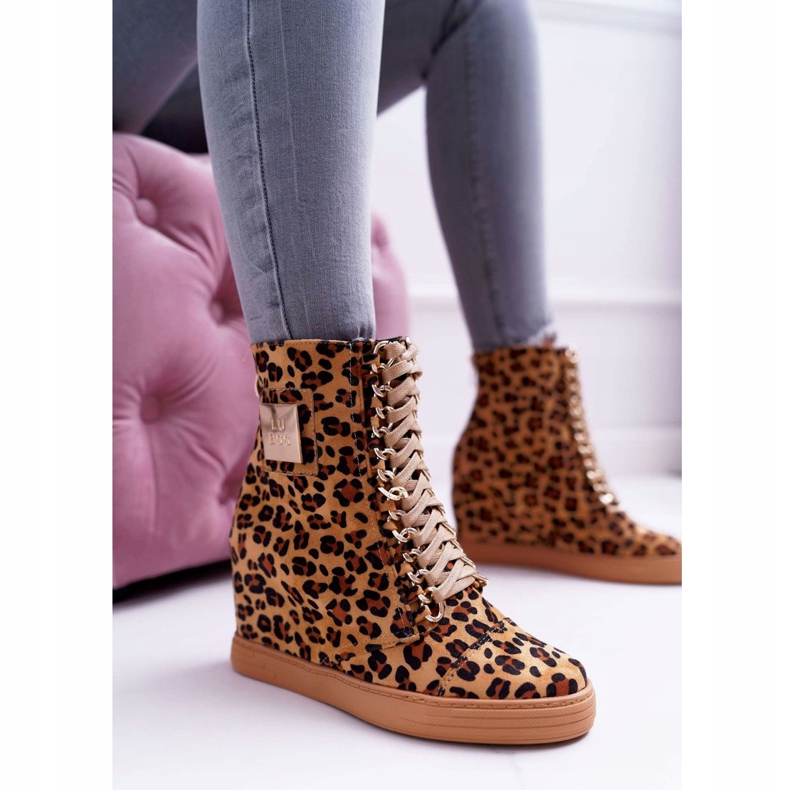Tênis feminino Lu Boo Ouro Corrente Camurça Leopardo Monica bege castanho 1