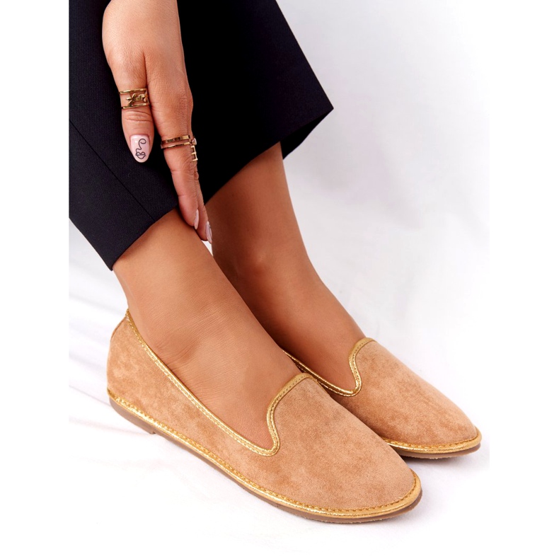 Mocassins de camurça femininos Lu Boo Camel bege dourado 1