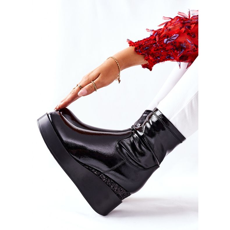 S.Barski Botas femininas em cunha laqueada preta Therapie preto 1