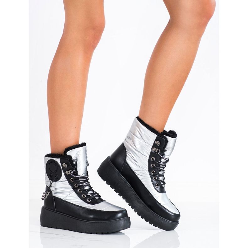 SHELOVET Botas de neve prateadas na plataforma branco preto 1