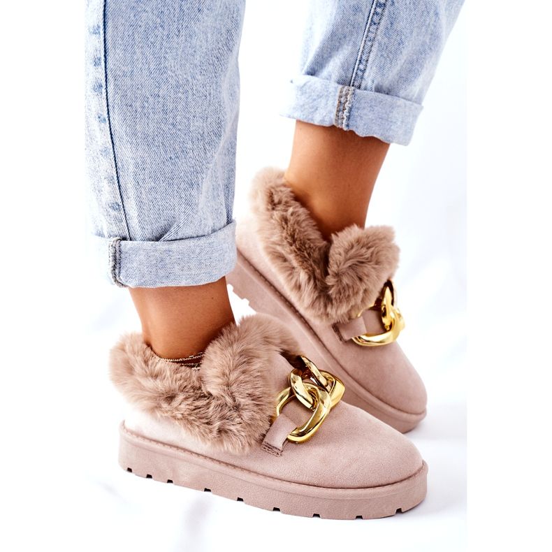 PB1 Chinelos femininos com corrente dourada bege 2