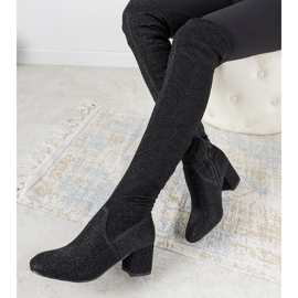 Botas pretas brilhantes sobre o joelho de Uta preto prata 1