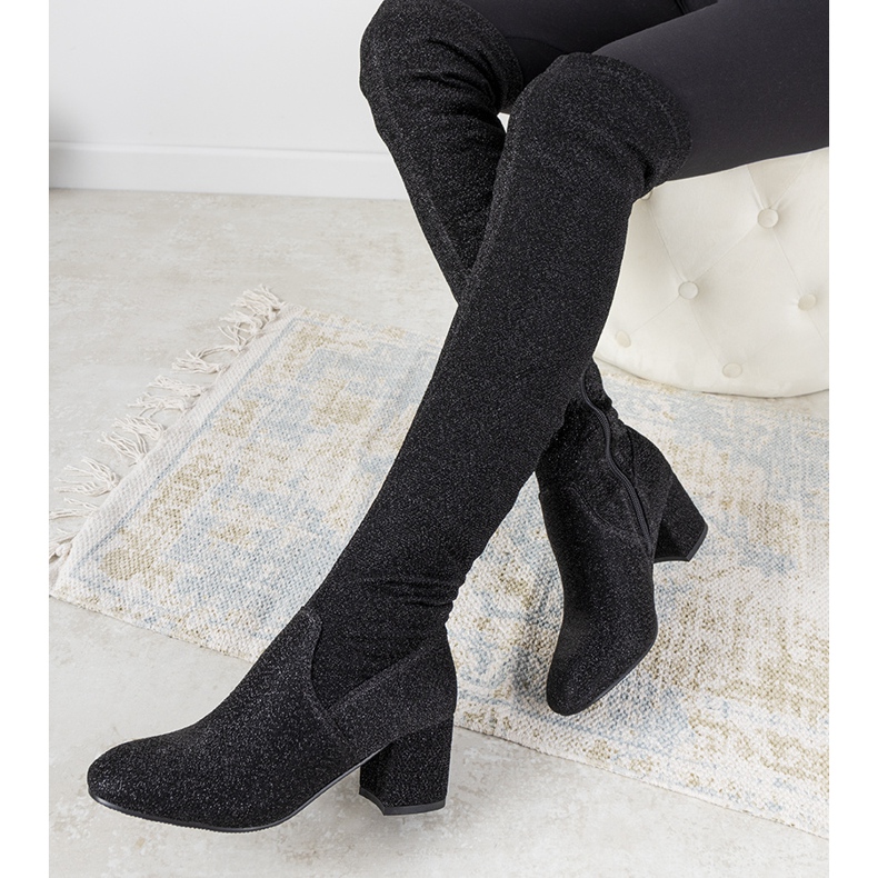 Botas pretas brilhantes sobre o joelho de Uta preto prata 1