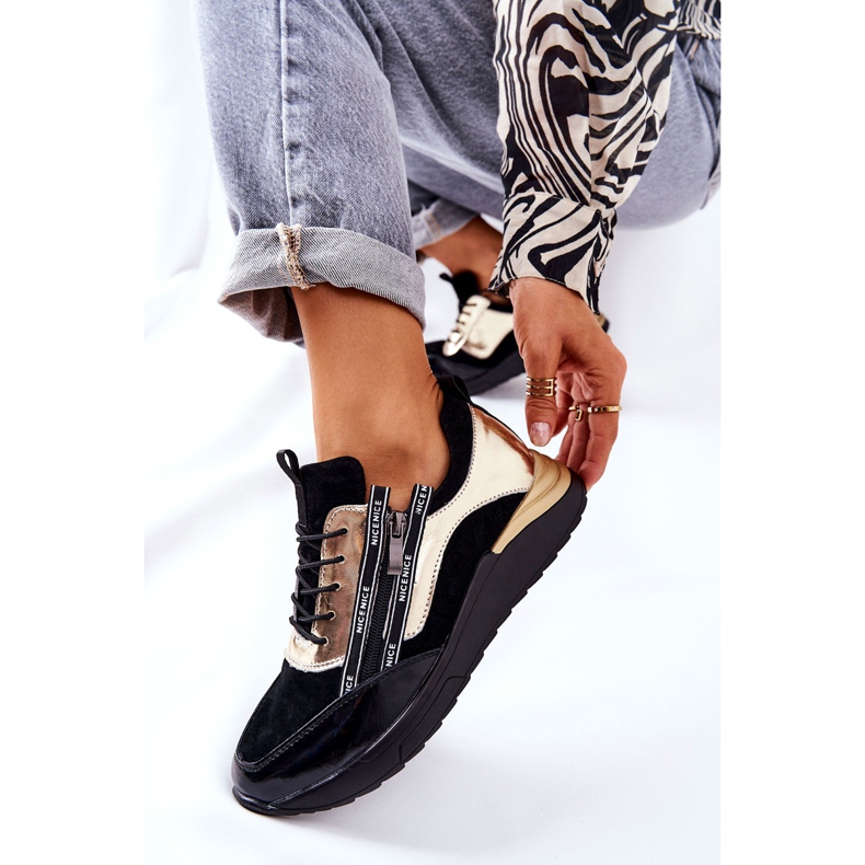 POTOCKI Calçados Esportivos de Couro Tênis Preto Ouro Menor 1