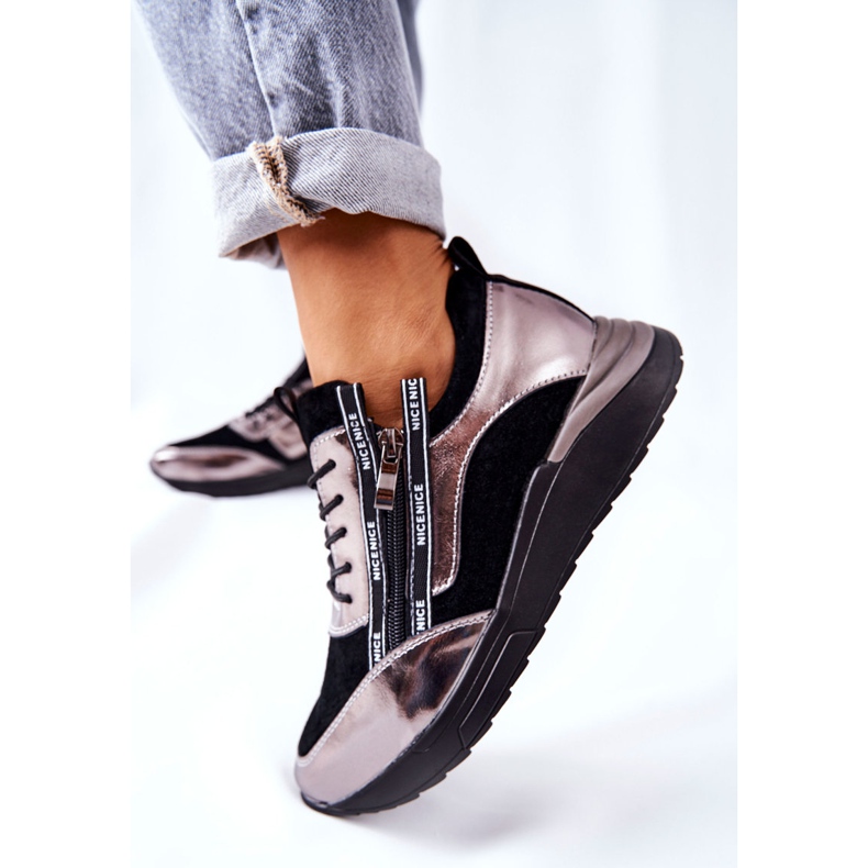 POTOCKI Calçados Esportivos de Couro Tênis Preto Prata Menor 1