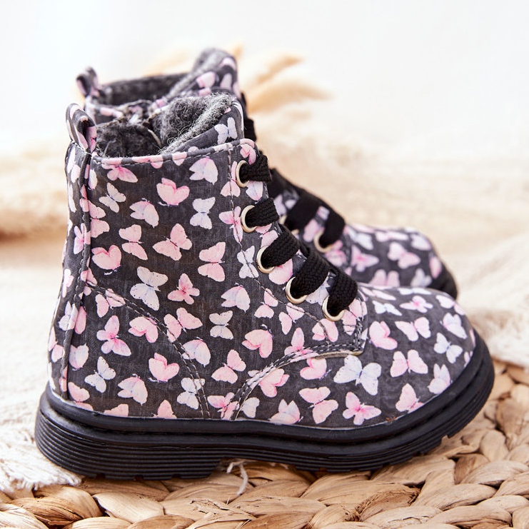 PE1 Botas de couro aquecidas com lã cinza com borboletas Amy 2