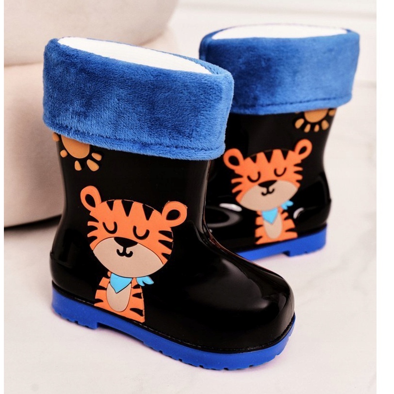 Botas de chuva pretas quentes para crianças com um tigre preto azul laranja 3 Botas de chuva pretas quentes para crianças com um tigre preto azul laranja 3