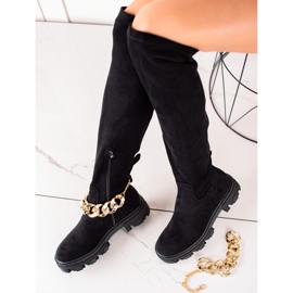 Diamantique Botas de camurça com corrente dourada preto 1