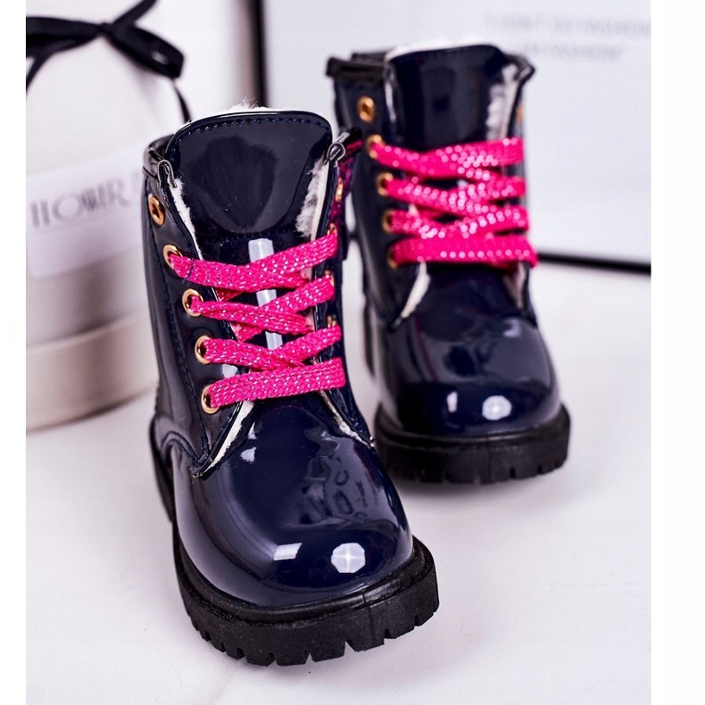 Botas infantis aquecidas com pele, pinkie lacado marinho azul marinho 3
