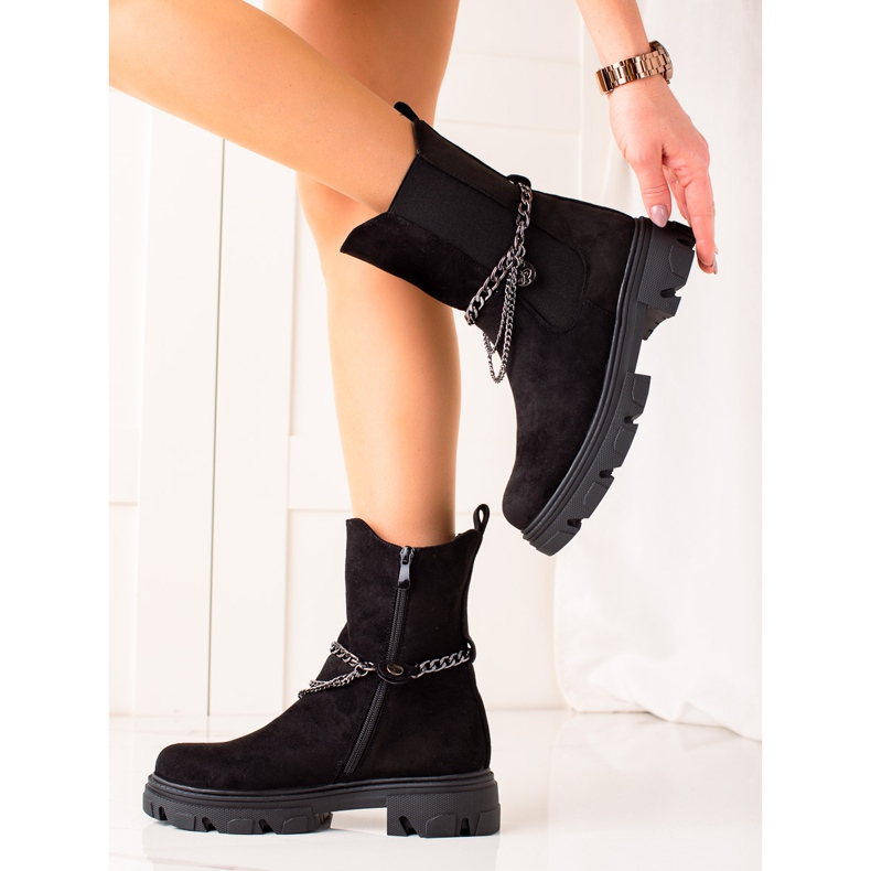 Bestelle Botas de camurça elegantes com corrente preto 2