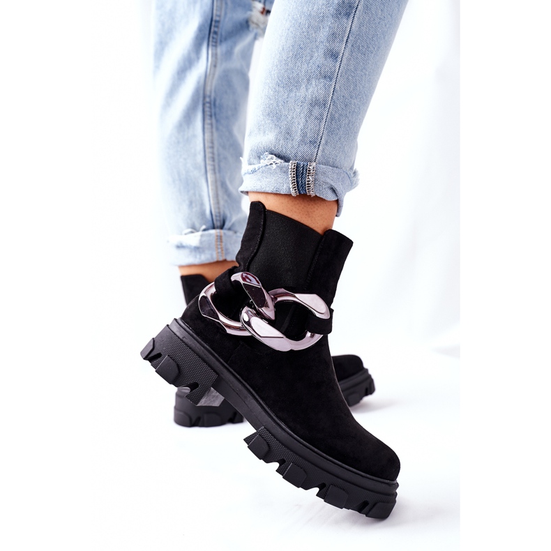 S.Barski Botas isoladas femininas, botas pretas do Chelsea com um ornamento preto 2