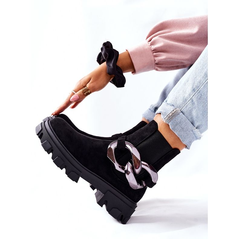 S.Barski Botas isoladas femininas, botas pretas do Chelsea com um ornamento preto 4