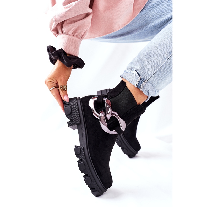 S.Barski Botas isoladas femininas, botas pretas do Chelsea com um ornamento preto 3