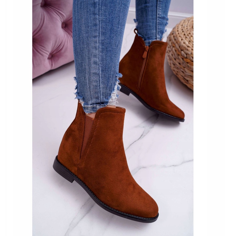 BUGO Botas de cunha feminino tema camelo de camurça castanho 3