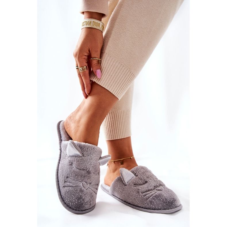 PE1 Chinelos de gatinho brilhantes com orelhas Kaisy cinza prata 2