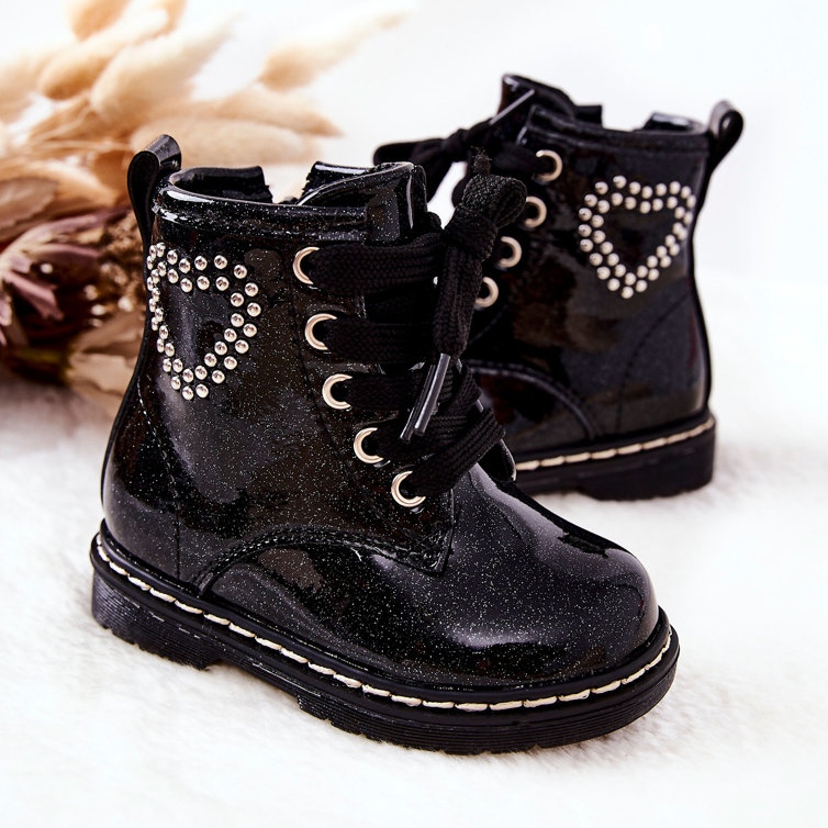 WT1 Botinhas pretas brilhantes lacadas para crianças preto 2