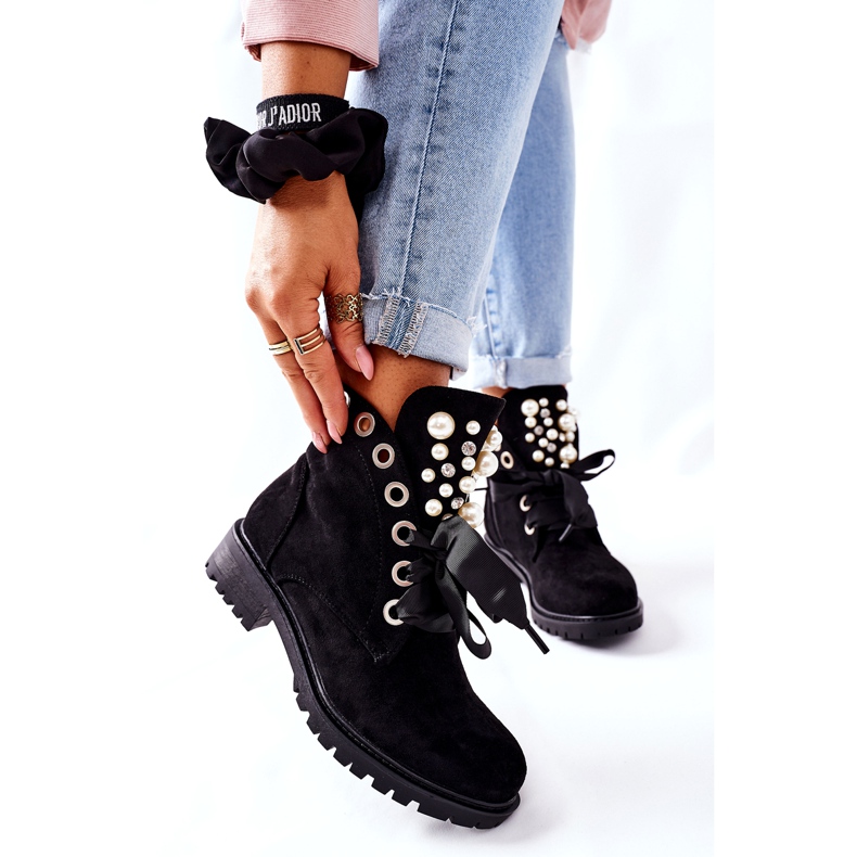 FI1 Botas de camurça com pérolas e fita Perla preta preto 1