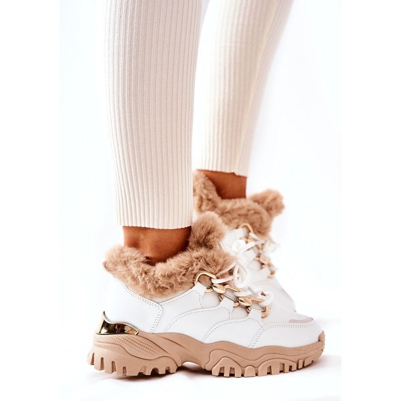 PM1 Calçados esportivos com isolamento de couro branco e bege brilhante 2