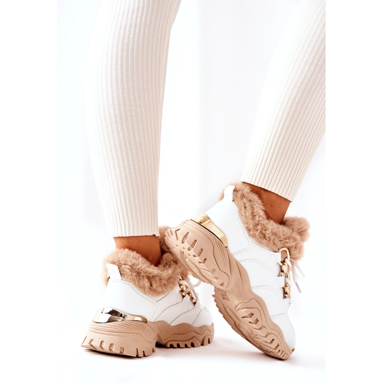 PM1 Calçados esportivos com isolamento de couro branco e bege brilhante 3