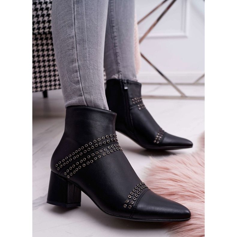 PS1 Botas femininas de salto alto em spitz com rebites Black Primma preto 1