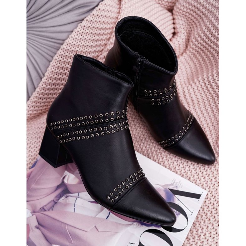 PS1 Botas femininas de salto alto em spitz com rebites Black Primma preto 5