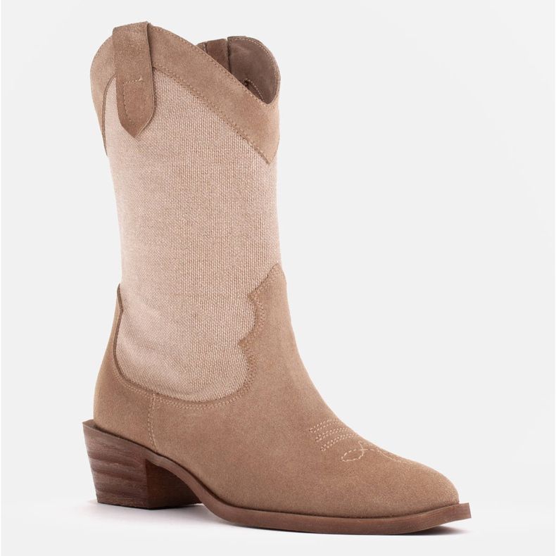 Marco Shoes Botas de caubói em combinação com camurça e tecido de linho bege 1