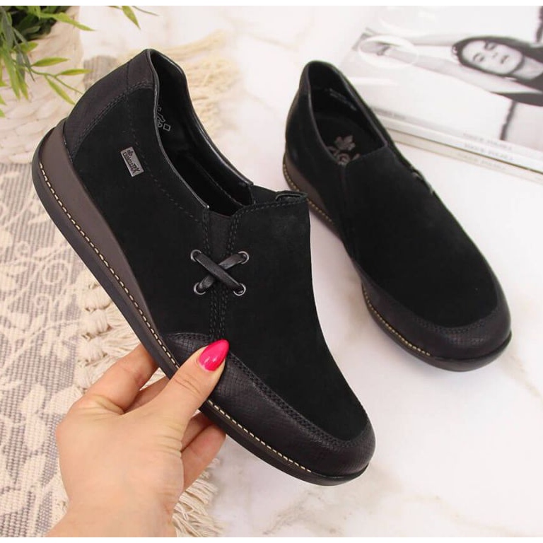 Sapatos de couro com cunha, pretos W Rieker 44259 1 Sapatos de couro com cunha, pretos W Rieker 44259 1