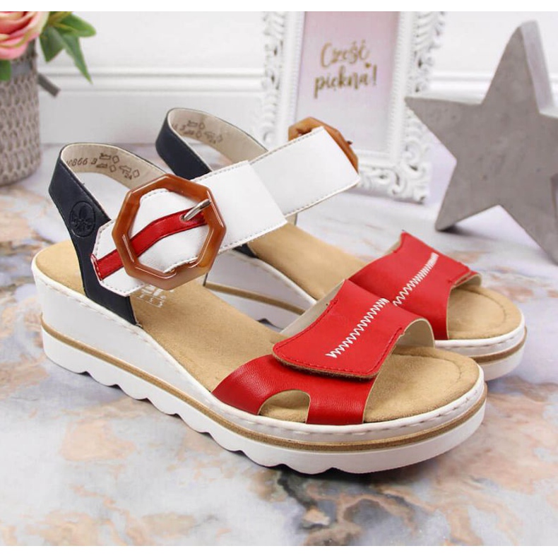 Sandálias de cunha Rieker W 67476-33 branco vermelho 2