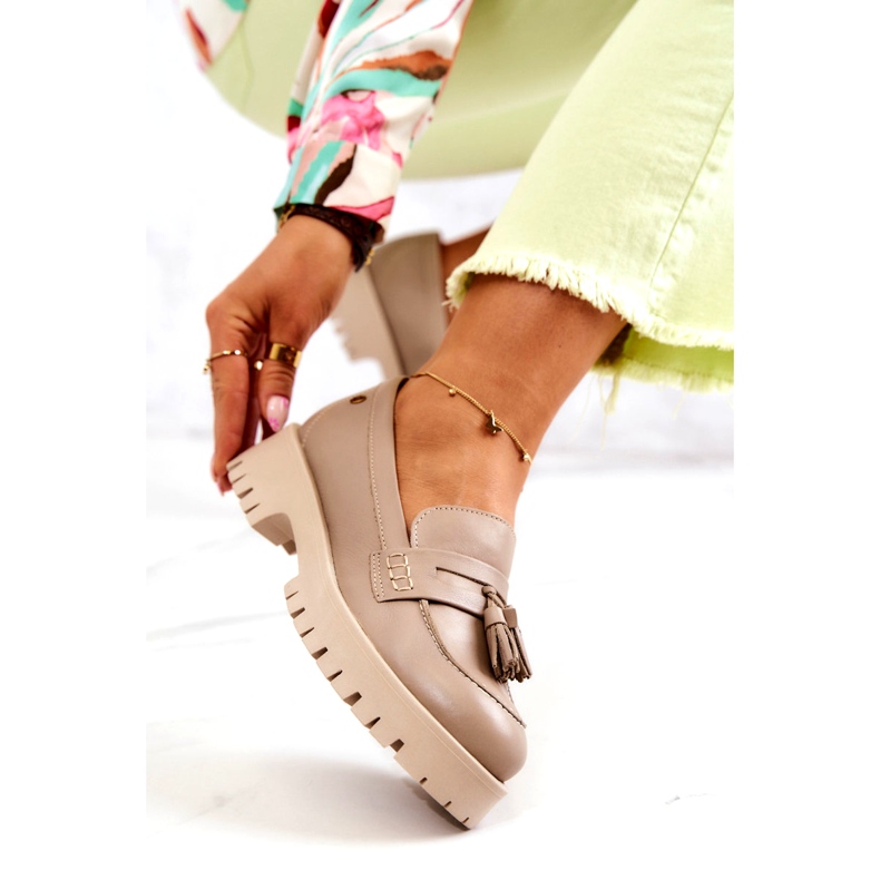 Sapatos de couro feminino Franjas Maciejka 05497-04 Bege 4