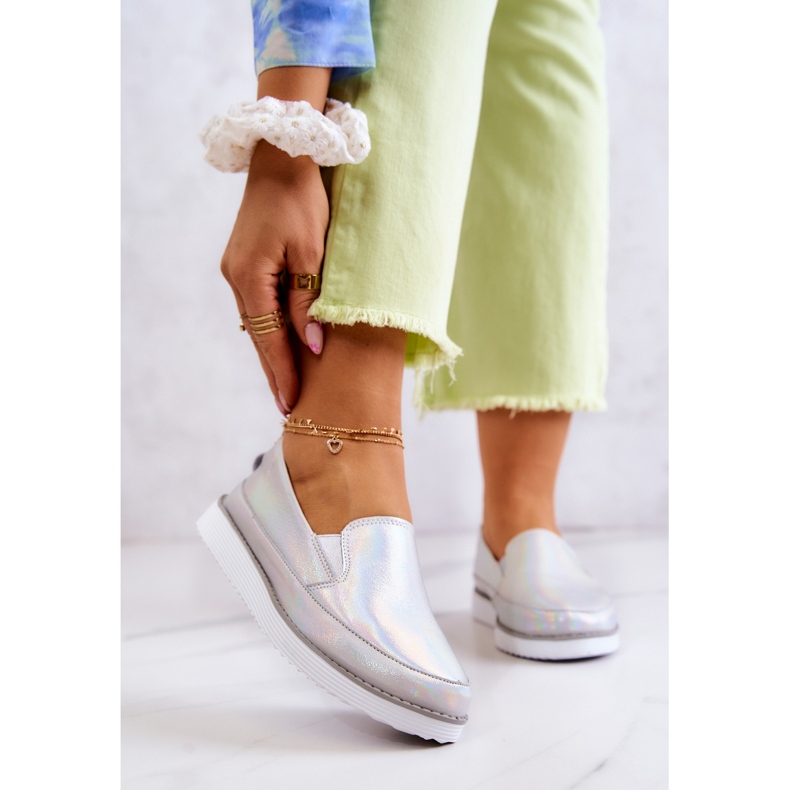 Tênis de couro feminino slip-on S.Barski holográfico prata 1