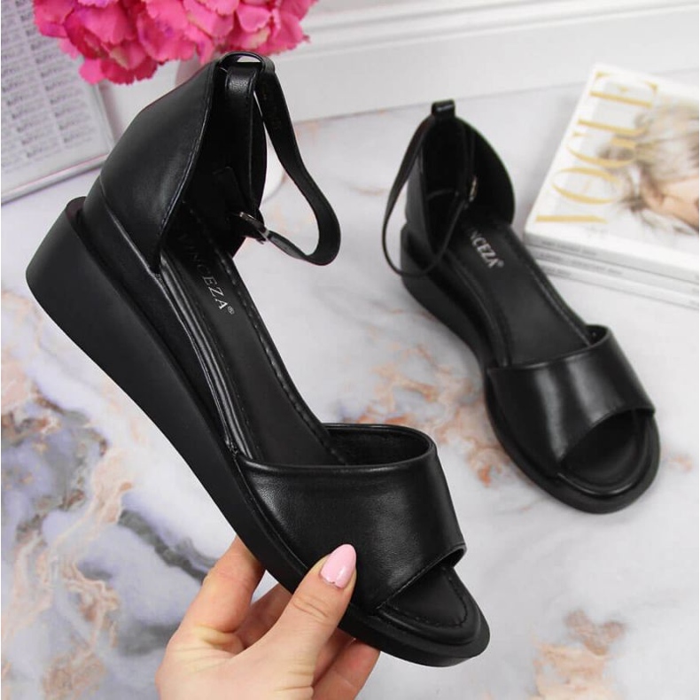 Sandália de cunha preta Vinceza W JAN102A preto 1