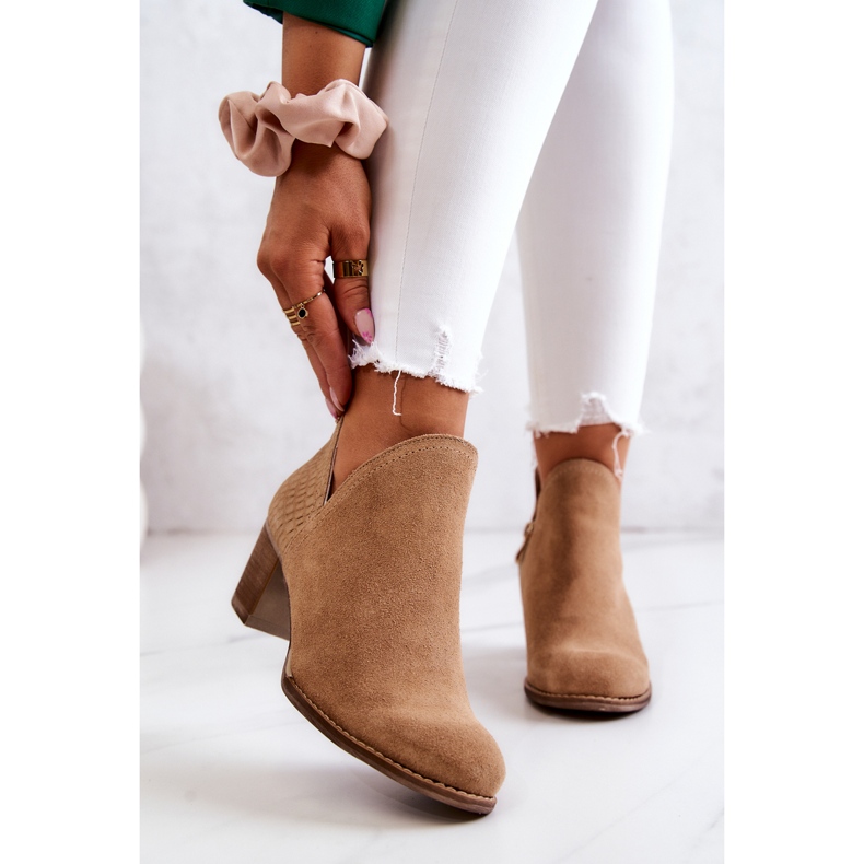 PL5 Botas femininas de couro com salto Camel Larsa castanho 2