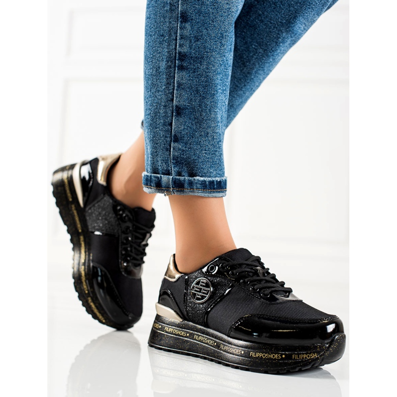 Filippo Tênis de couro da moda preto dourado 1