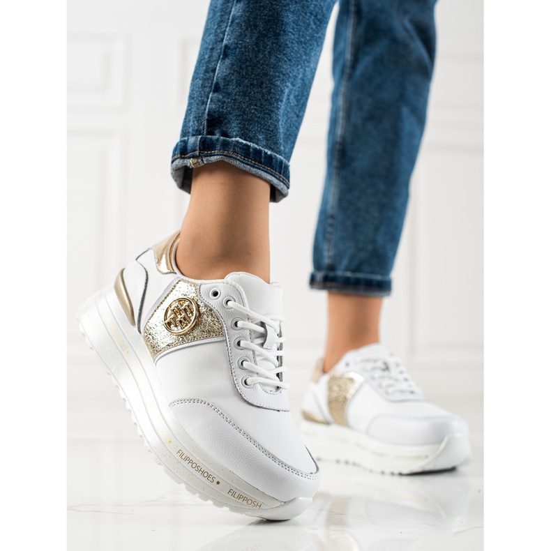 Filippo Tênis de couro da moda branco dourado 1
