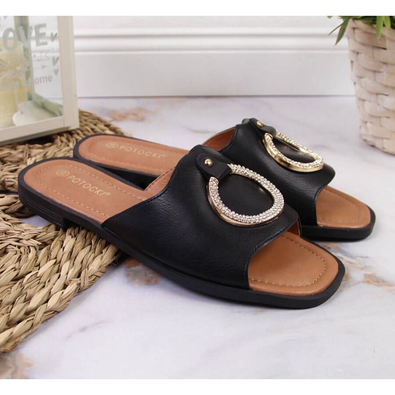 Chinelos pretos com decoração Potocki W WOL74A 2