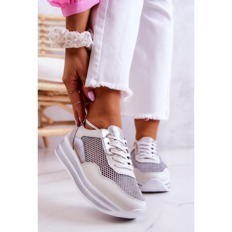 S.Barski Tênis feminino esportivo branco-prata Bourne 1