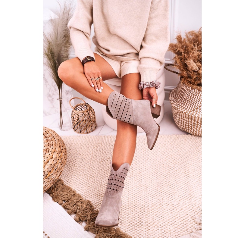 Nicole Botas de cowboy femininas de salto alto camurça cappuccino Emily bege 2