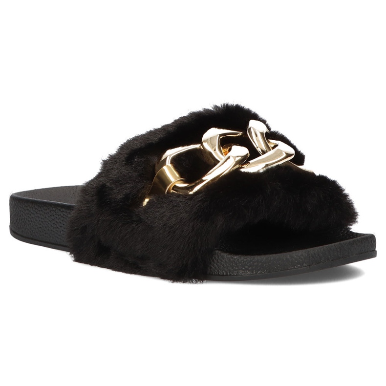 Filippo Chinelos pretos com pele, corrente dourada QT300 1 Filippo Chinelos pretos com pele, corrente dourada QT300 1