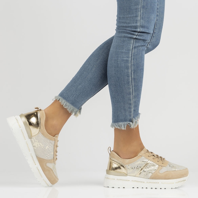 Tênis de couro Filippo DP3691 / 22 Be Go bege dourado 1