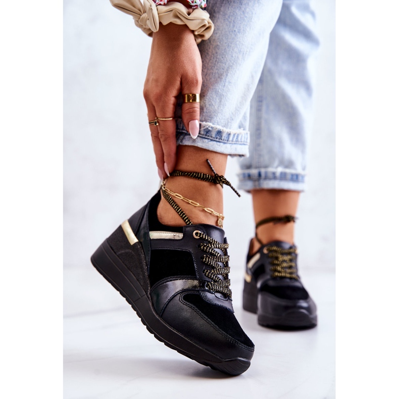 S.Barski Sapatos esportivos de couro preto Rayana em uma cunha 1