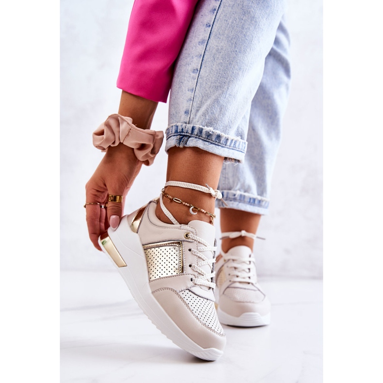 S.Barski Tênis esportivo feminino de couro em cunha bege e branco Larson dourado 1