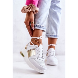 S.Barski Tênis esportivo feminino de couro com cunha branca Larson branco dourado 1