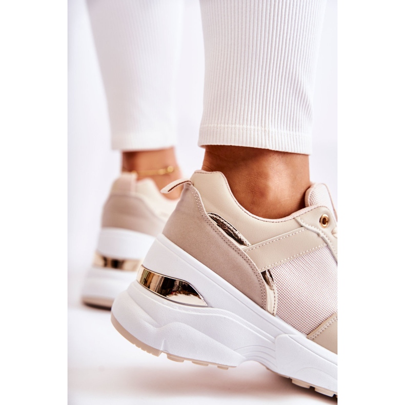 PG1 Tênis esportivo feminino de cunha brilhante atividade bege dourado 2