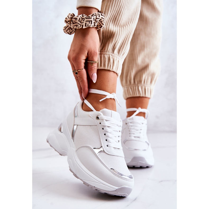 PG1 Tênis esportivo feminino brilhante em cunha, atividade branca branco prata 1