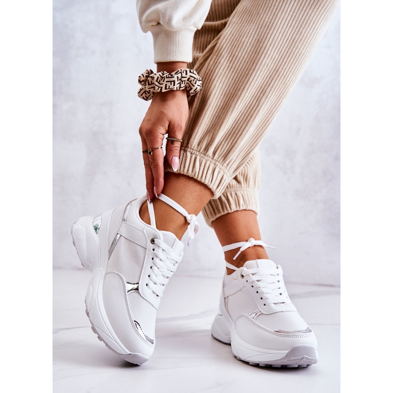 PG1 Tênis esportivo feminino brilhante em cunha, atividade branca branco prata 2