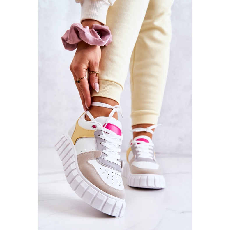 PS1 Tênis feminino de couro esportivo branco e bege florentino amarelo 1