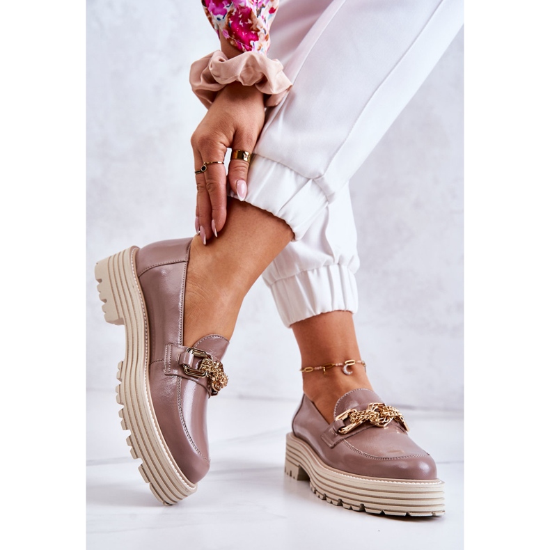 Sapatos Brogues Femininos Couro Dourado Decoração Laura Messi 2383 Bege Escuro 2