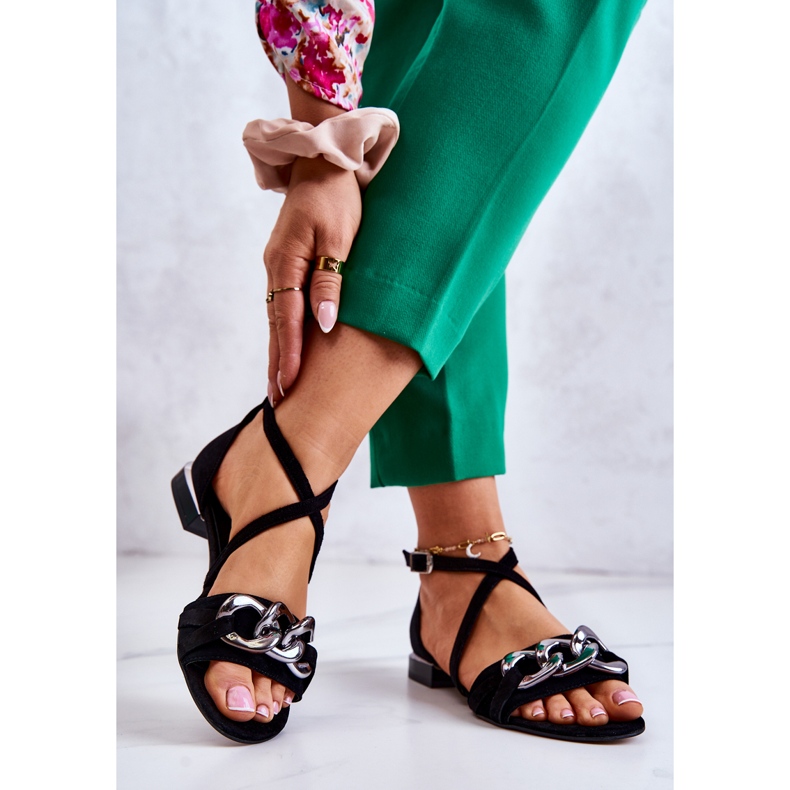 Sandálias femininas de camurça com corrente Laura Messi 2365 preta preto 2